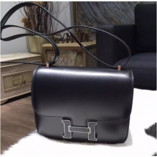 RARE Hermes Mini Constance 18cm Lizard Box Calfskin Palladium Hardware Handstitched, Noir CK89 RS16457