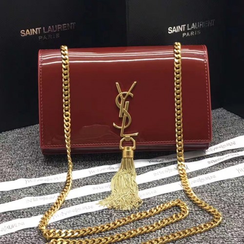 YSL Tassel Chain Bag 22cm Patent Leather Dark Red