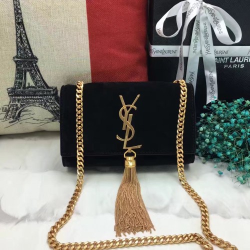 YSL Small Tassel Chain Bag 17cm Suede Leather Black