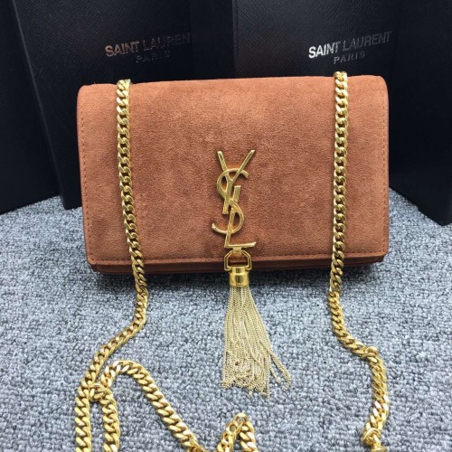 YSL Tassel Chain Bag 22cm Suede Leather Brown