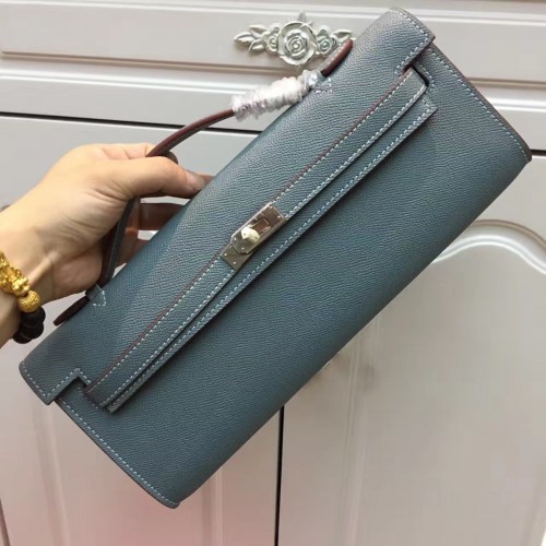 Hermes Kelly Cut 31cm Epsom Leather Clutch Grey Blue