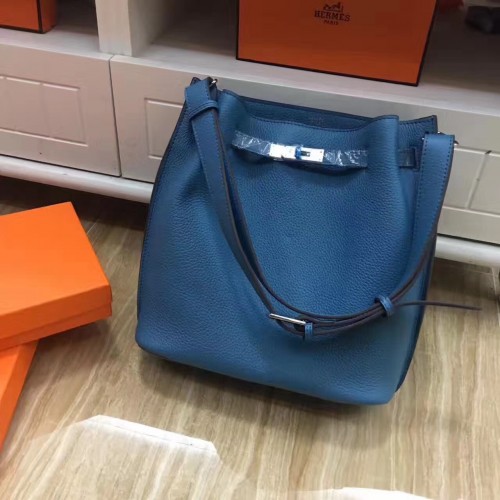 Hermes So Kelly 28cm Togo Leather Shoulder Bag Blue Silver