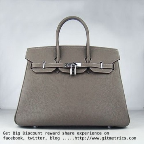 Hermes Birkin 35cm cattle skin vein Handbags dark khaki silver