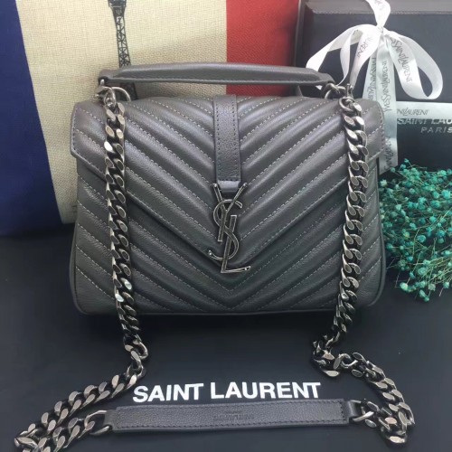 YSL Top Handle Shoulder Bag 24cm Grey Silver