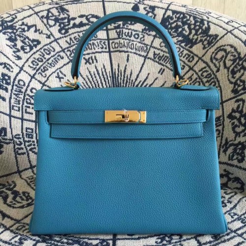 Hermes Kelly 28cm Bag Togo Leather Blue Gold