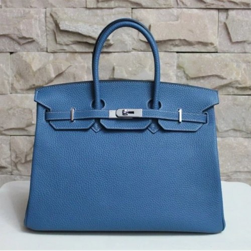 Hermes Birkin 35cm cattle skin vein Handbags blue silver