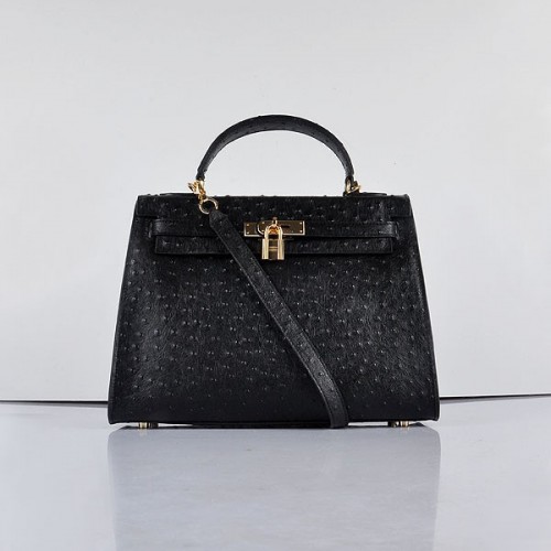 Hermes Kelly 32cm Ostrich Vein 6108 Black Golden