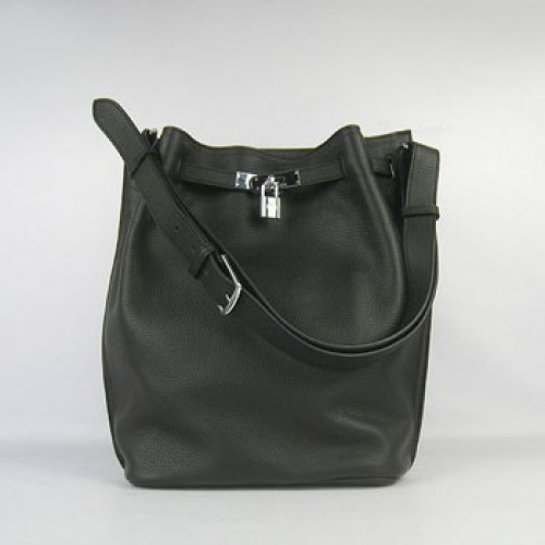 Hermes So Kelly 28cm Togo Leather Shoulder Bag Black Silver