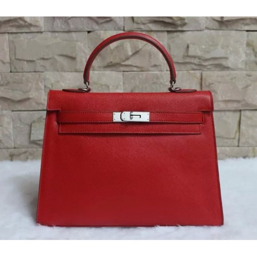 Hermes Kelly 32cm Epsom Leather Handbag Red Silver