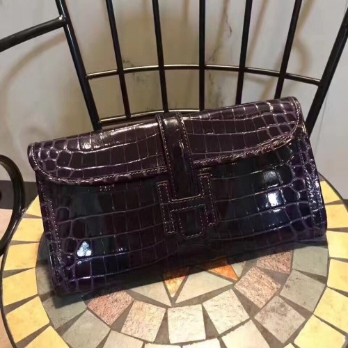 Hermes Jige Clutch 29cm Croco Dark Purple