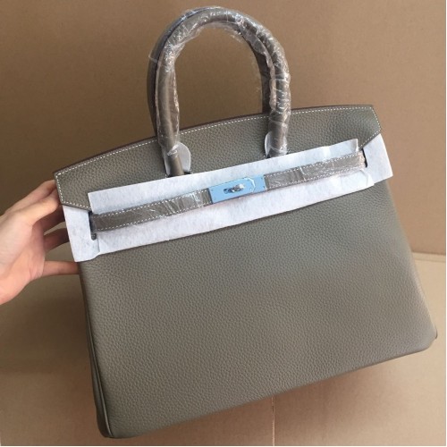 Hermes Birkin 35cm cattle skin vein Handbags khaki silver