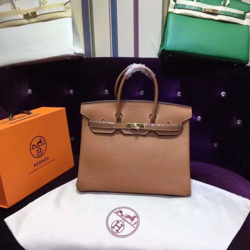 Hermes Birkin 35cm cattle skin vein Handbags light coffee silver