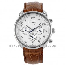 Arceau Chronographe 43 White Dial in Steel on Brown Leather Strap