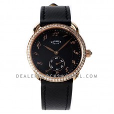 Arceau Petite Black Dial in Rose Gold with Diamond Bezel on Black Epsom Leather Strap
