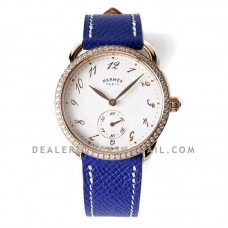 Arceau Petite White Dial in Rose Gold with Diamond Bezel on Blue Epsom Leather Strap