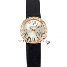 Ballon Blanc 30mm Silver Dial with Diamond Bezel in Rose Gold on Black Leather Strap