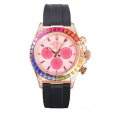 Blaken Daytona Pink Dial with Rainbow Diamond Bezel in Rose Gold on Rubber Strap