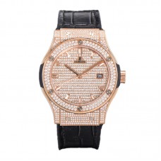 Classic Fusion Automatic 42mm Diamond Paved Dial in Rose Gold on Black Leather Strap