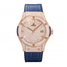 Classic Fusion Automatic 42mm Diamond Paved Dial in Rose Gold on Blue Leather Strap