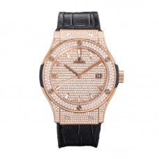 Classic Fusion Automatic 42mm Diamond Paved Dial in Rose Gold on Brown Leather Strap