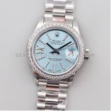 Datejust 28 278384 Ice Blue Dial Diamond Markers with Diamond Bezel in Steel
