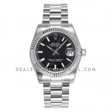 Datejust 31 Black Dial Stick Markers in Steel on President Bracelet