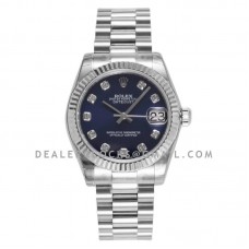 Datejust 31 Blue Dial Diamond Markers in Steel on President Bracelet