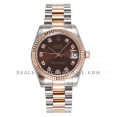 Datejust 31 Chocolate Dial Diamond Markers in Everose Gold/Steel on President Bracelet