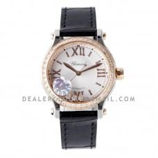 Happy Sport Automatic 33mm White Dial with Diamond Bezel in Steel/Rose Gold on Black Leather Strap