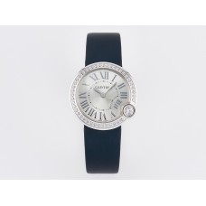 Ballon Blanc De Cartier 30mm SS DRF 1:1 Best Edition Silvered Texture Dial Diamonds Bezel on Blue Calfskin Strap Ronda Quartz