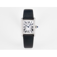 Tank Must Large SS 33.7mm DRF 1:1 Best Edition White Dial Diamonds Bezel on Black Calfskin Strap Swiss Quartz