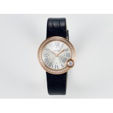 Ballon Blanc De Cartier 30mm RG DRF 1:1 Best Edition Silvered Texture Dial Diamonds Bezel on Black Leather Strap Ronda Quartz
