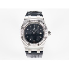 Royal Oak Offshore Ladies 33mm SS DRF Best Edition Black Dial Diamonds Bezel on Black Leather Strap ETA Quartz
