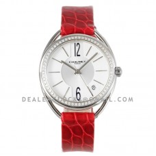 Liens Lumiere White Dial in Steel with Diamond Bezel on Red Strap