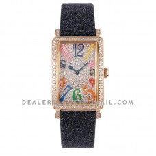 Long Island 952QZ Diamond Paved Dial in Rose Gold with Colour Markers on Black Leather Strap