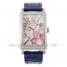 Long Island Peony in Steel on Blue Leather Strap