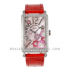 Long Island Peony in Steel on Red Leather Strap
