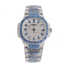 Nautilus 7118 Diamond Paved Dial with Blue Diamond Markers in White Gold