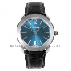 Octo Solotempo Blue Dial in Steel on Black Leather Strap