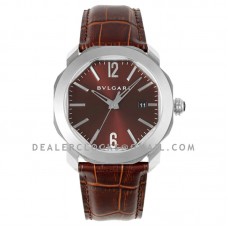 Octo Solotempo Brown Dial in Steel on Black Leather Strap