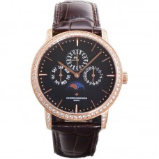 Patrimony Perpetual Calendar Ultra-Thin Black Dial in Pink Gold with Diamond Bezel