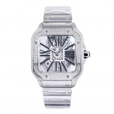Santos De Cartier Watch Skeleton Dial Black Marker with Diamond Bezel in Steel