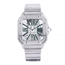 Santos De Cartier Watch Skeleton Dial Green Marker with Diamond Bezel in Steel