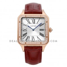 Santos-Dumont 44mm Silver Dial with Diamond Bezel in Rose Gold on Brown Leather Strap