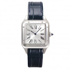 Santos-Dumont (Extra-Large) Silver Dial in Steel on Blue Leather Strap Ref. WSSA0032