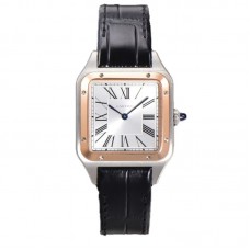 Santos-Dumont (Large) Silver Dial in Steel/Rose Gold on Black Leather Strap Ref. W2SA0011
