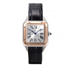 Santos-Dumont (Small) Silver Dial in Steel/Rose Gold on Black Leather Strap Ref. W2SA0012