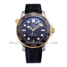 Seamaster Diver 300M Omega Co-Axial Master Chronometer 42mm Black Dial with Black Bezel in Steel/Yellow Gold on Rubber Strap