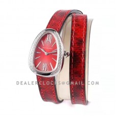 Serpenti Seduttori Watch Red Dial in Steel with Diamond Bezel on Red Double Wrap Leather Strap