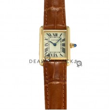 Tank Louis Small White Dial in Yellow Gold in Brown Leather Strap